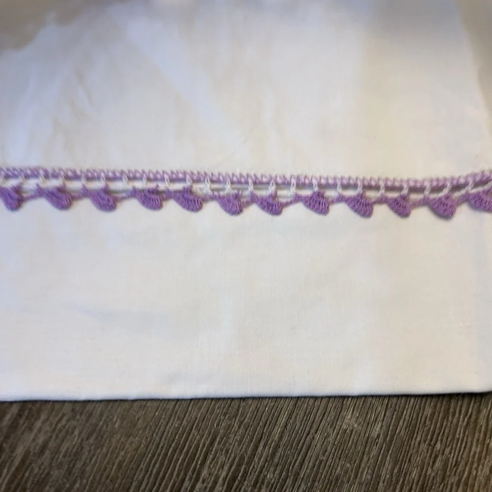 Vtg Stevens Mohawk Cotton Linens 4pc Hand Crochet Purple Floral Pillowcase Shams